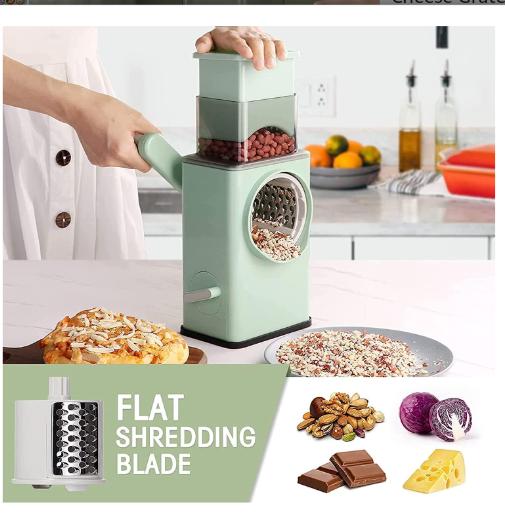 Multifunctional Cheese Grater Slicer 3 in 1 Interchangeable Blades Large Feed Port Strong Suction for Kitchen Salad Shooter Mandolin Slicer with Suction Base and Handle