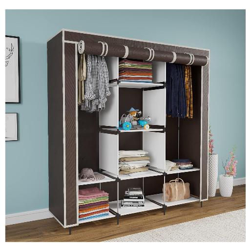 Shopee Brown with Pocket, 6+2 Fancy Layer Collapsible Wardrobe Organizer Portable Foldable for Clothes Racks Steel Tube and PP Plastic (‎126 x 42.5 x 166 cm)