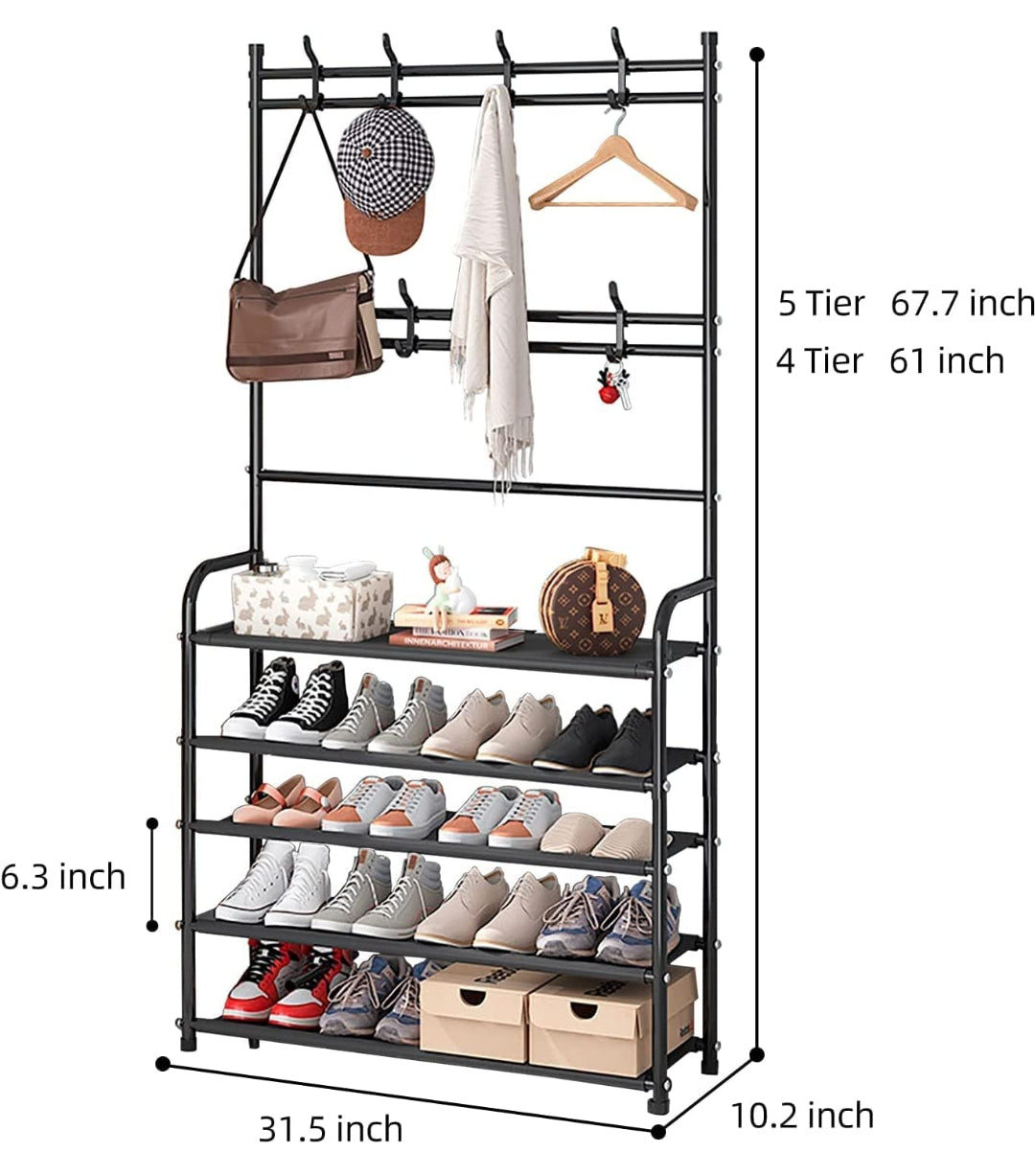 Shoe Rack with Coat Rack 5 Tier Shoe Stand Organizer for Bedroom Dorm, Black