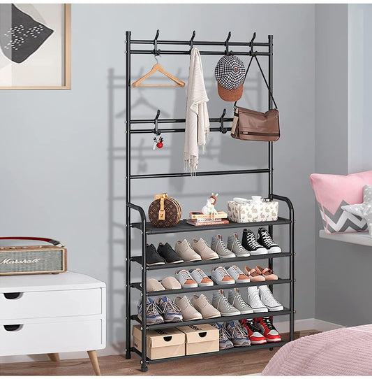 Shoe Rack with Coat Rack 5 Tier Shoe Stand Organizer for Bedroom Dorm, Black