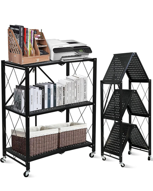 Foldable Storage Shelving Unit 3 Tier, Storage Shelves Kitchen Cabinet Storage Rack with Caster Wheels, Multi-Shelf Shelves for Living Room Bedroom Kitchen, Black 70x34x87cm