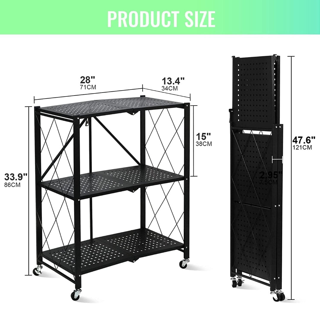 Foldable Storage Shelving Unit 3 Tier, Storage Shelves Kitchen Cabinet Storage Rack with Caster Wheels, Multi-Shelf Shelves for Living Room Bedroom Kitchen, Black 70x34x87cm