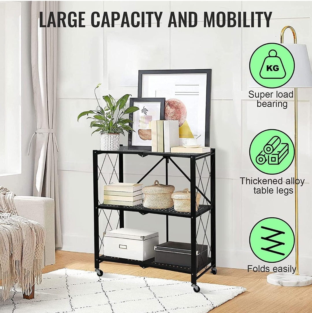 Foldable Storage Shelving Unit 3 Tier, Storage Shelves Kitchen Cabinet Storage Rack with Caster Wheels, Multi-Shelf Shelves for Living Room Bedroom Kitchen, Black 70x34x87cm