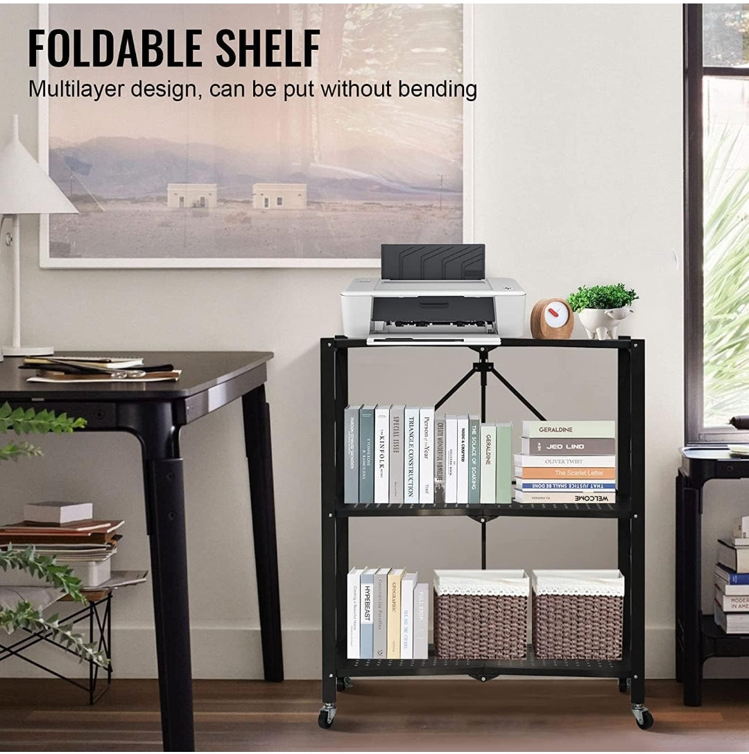 Foldable Storage Shelving Unit 3 Tier, Storage Shelves Kitchen Cabinet Storage Rack with Caster Wheels, Multi-Shelf Shelves for Living Room Bedroom Kitchen, Black 70x34x87cm