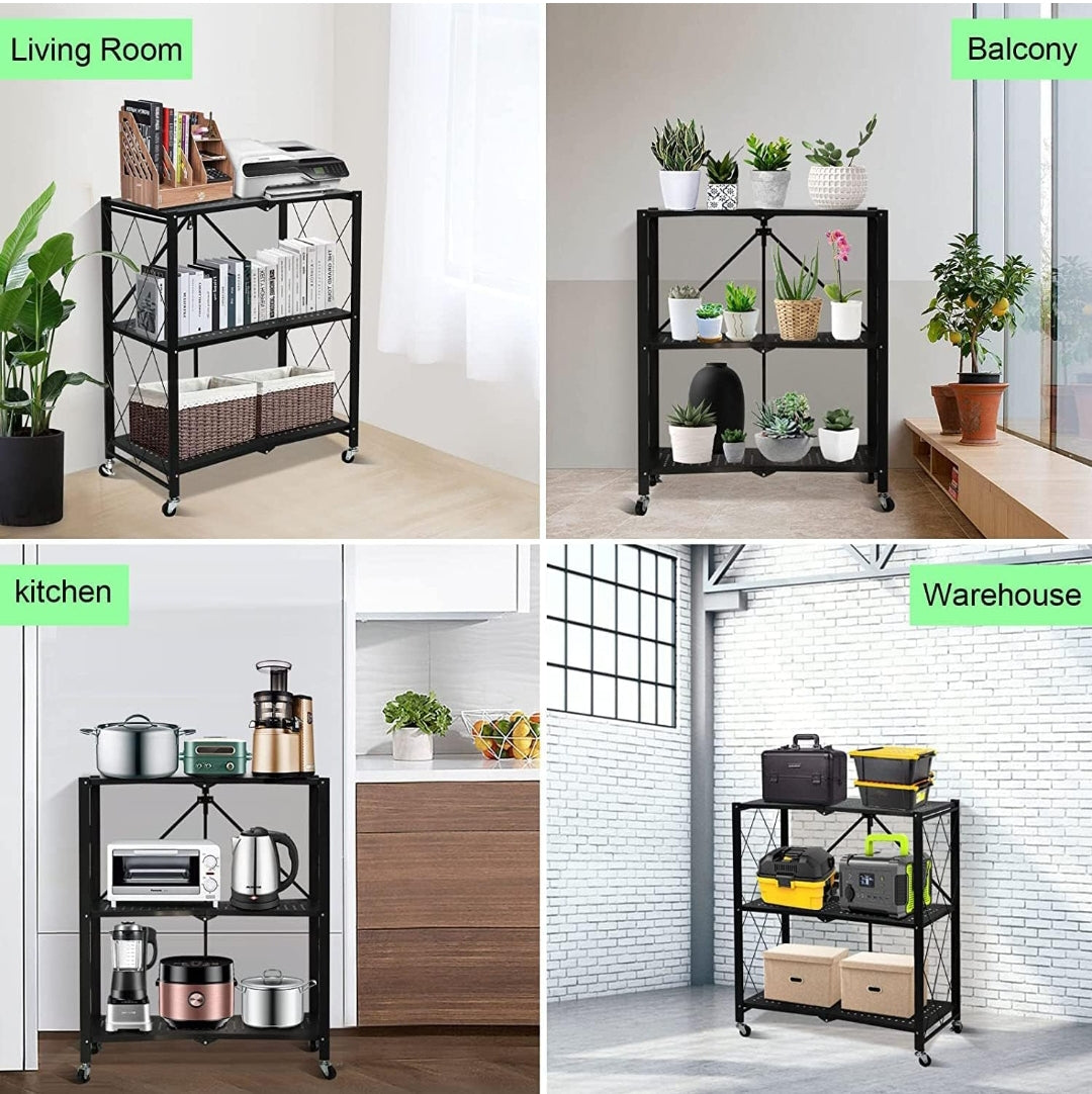 Foldable Storage Shelving Unit 3 Tier, Storage Shelves Kitchen Cabinet Storage Rack with Caster Wheels, Multi-Shelf Shelves for Living Room Bedroom Kitchen, Black 70x34x87cm