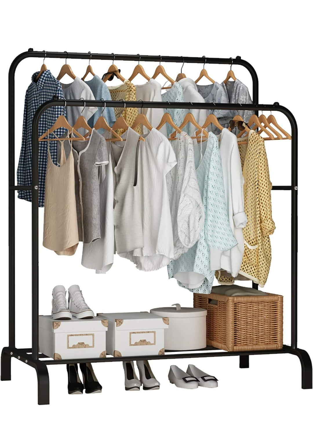 1pc metal garment rack multipurpose clothes rack with bottom shelf/coat jacket hanger for home bedroom storage organizer unique display stand (black / 150 x 110 x 40cm)