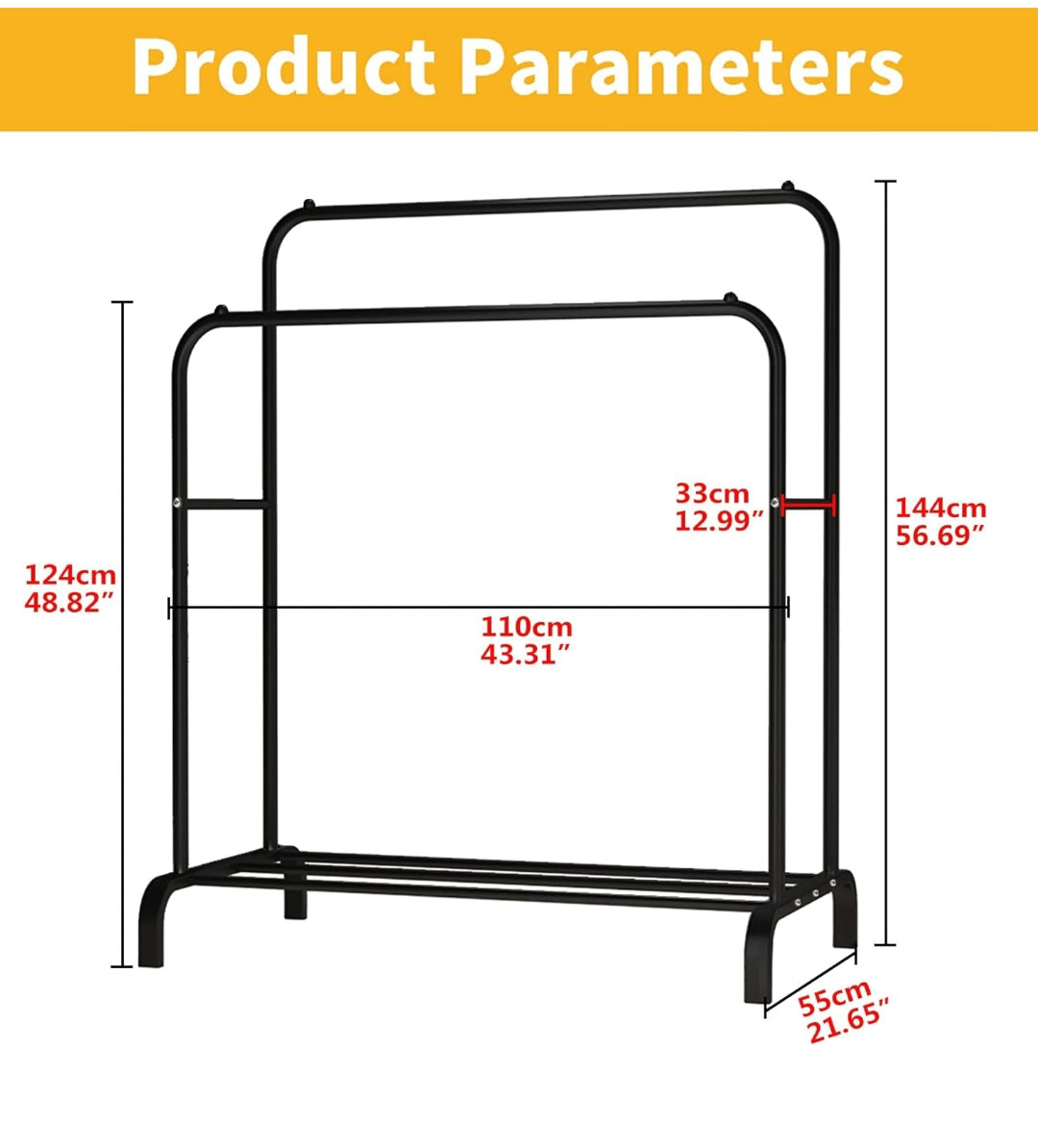 1pc metal garment rack multipurpose clothes rack with bottom shelf/coat jacket hanger for home bedroom storage organizer unique display stand (black / 150 x 110 x 40cm)