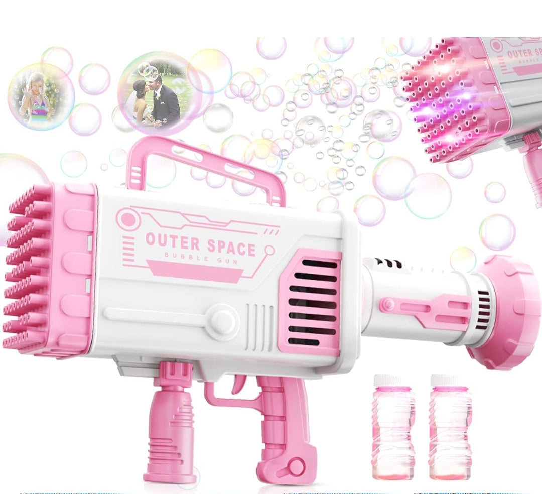 64 Holes Bazooka Bubble Gun, Bubble Machine Gun 5000 Bubbles per Minutes, with 1 Bubble Solution 20 Packs Concentrate - Pink