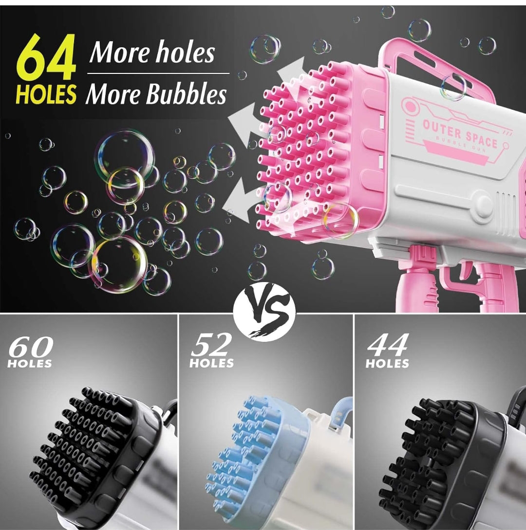 64 Holes Bazooka Bubble Gun, Bubble Machine Gun 5000 Bubbles per Minutes, with 1 Bubble Solution 20 Packs Concentrate - Pink